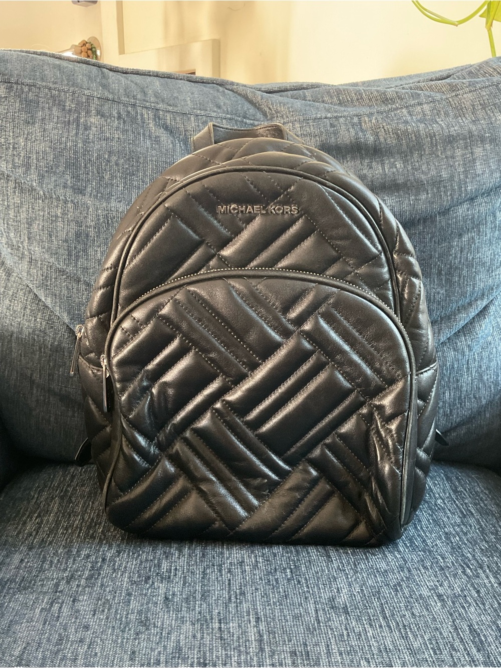 Michael Kors Abbey Black Quilted Leather Backpack - silver hardware